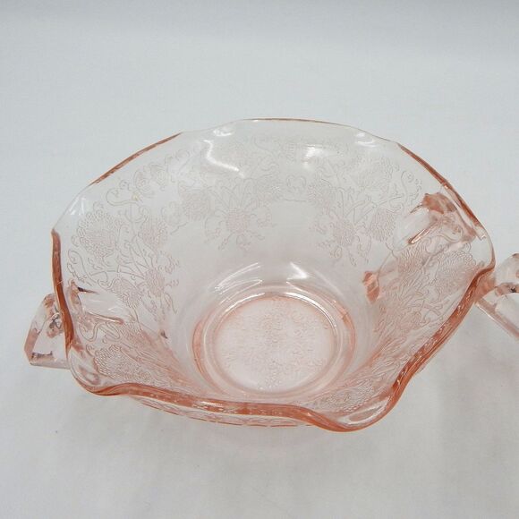 Hazel Atlas Florentine Poppy Pink Depression Glass Two-Handle Soup Nut Bowl Pair - Picture 9 of 9